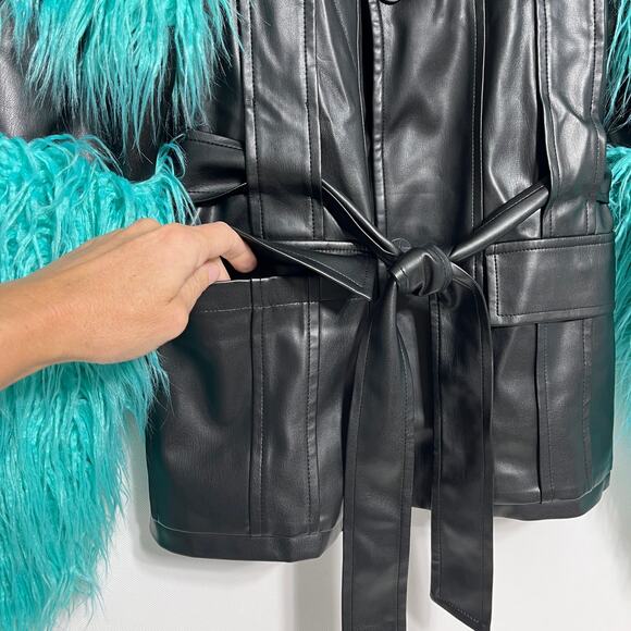 Orttu Freddie Jacket Military Style Faux Fur Black Vegan Faux Leather Aqua Belt - Picture 2 of 14